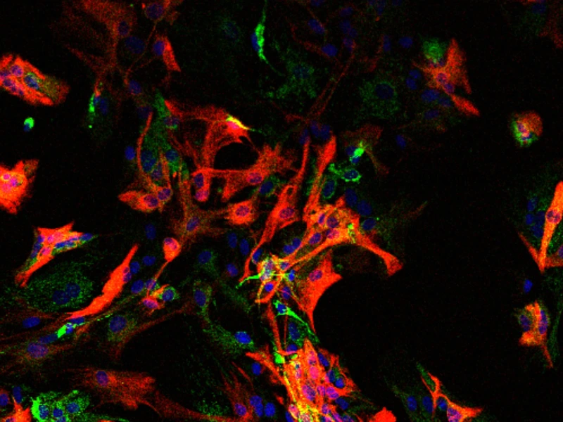 Primary cultured mouse astrocytes (GFAP staining in red) showing TSPO expression (green) and DAPI staining for nuclei (blue)
